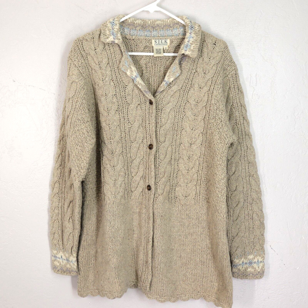 Vtg Wintersilks Cardigan Sweater M Silk Wool Embroider Cuff Collar Vneck Button